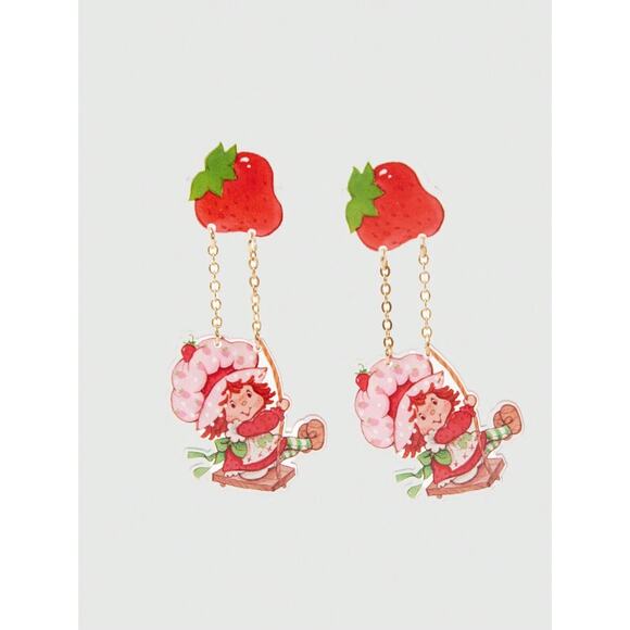 Strawberry Shortcake Acrylic Dangle Swing Swinging Earrings – w/ Gold Chains - Picture 2 of 4